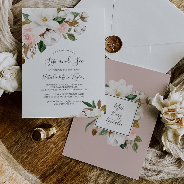 Elegant Magnolia | White and Blush Sip and See Invitation (Creator Uploaded)