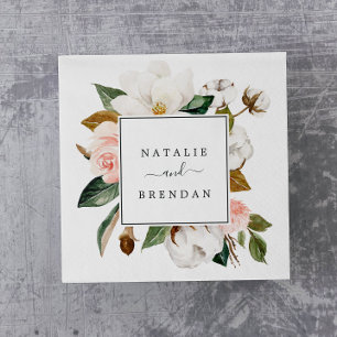 Elegant Magnolia White and Blush Wedding Napkin