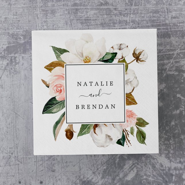 Elegant Magnolia | White and Blush Wedding Napkin (Creator Uploaded)