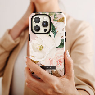 Elegant Magnolia   White & Blush Personalised Name iPhone 15 Pro Case