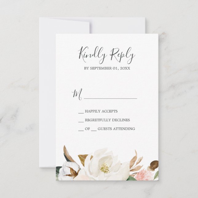 Elegant Magnolia | White & Blush Simple RSVP Card (Front)