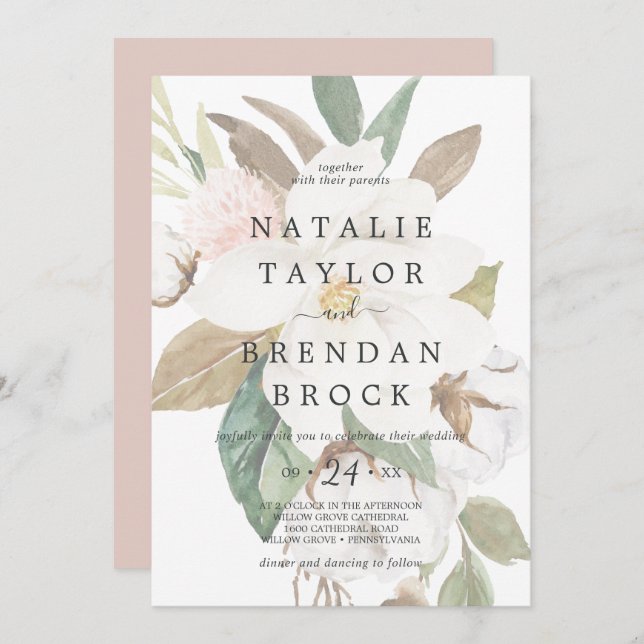 Elegant Magnolia | White Faded Floral Wedding Invitation (Front/Back)