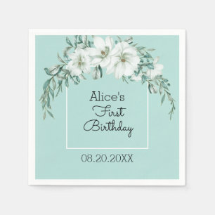 Elegant Magnolia White Pastel Green 1st Birthday Napkin
