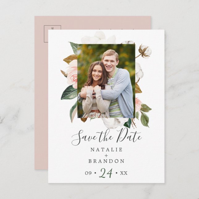Elegant Magnolia | White Photo Save the Date Invitation Postcard (Front/Back)