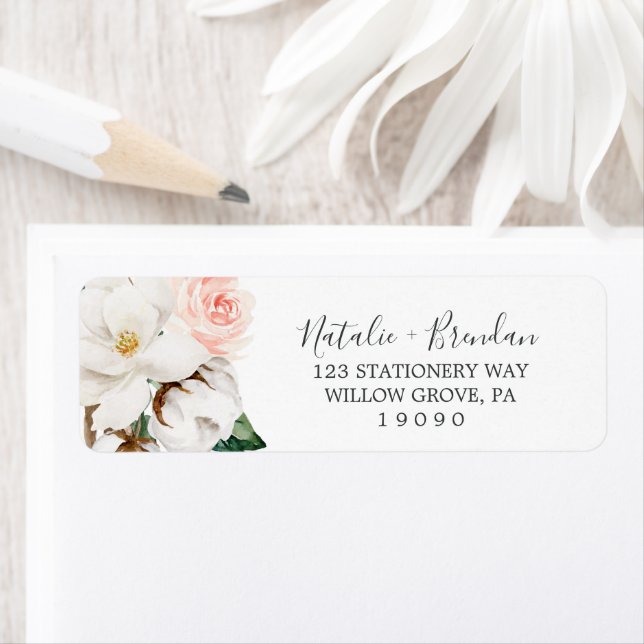 Elegant Magnolia | White Return Address Label (Insitu)