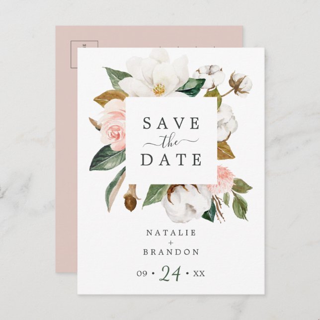 Elegant Magnolia | White Save the Date Postcard (Front/Back)