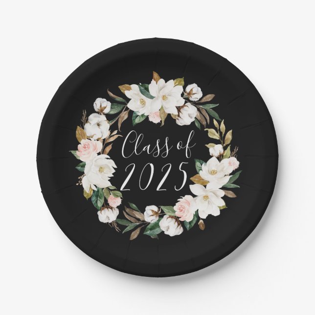Elegant Magnolias Class of 2025 Graduation Paper Plate (Front)