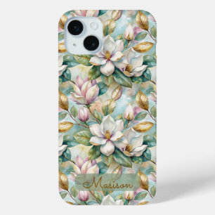 Elegant Magnolias Flowers Gold with Name iPhone 15 Mini Case