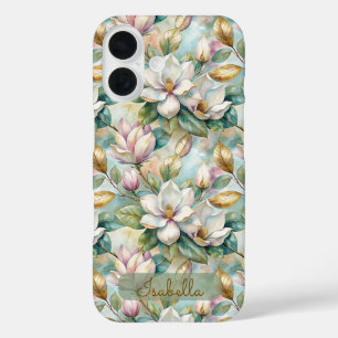 Elegant Magnolias Flowers Gold with Name iPhone 16 Case