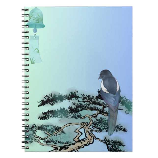 Elegant Magpie Bird & Japanese Bonsai Drawstring B Notebook (Front)