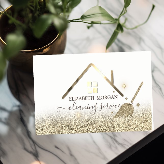 Elegant Maid Cleaning House Roof Gold Glitter  Business Card (Creator Uploaded)