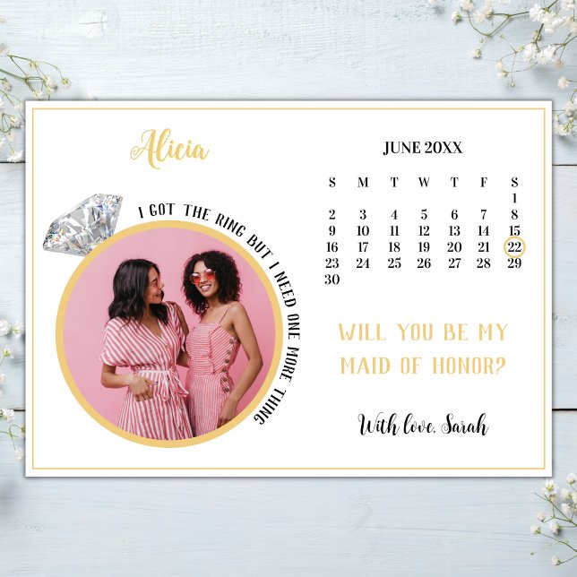 Elegant Maid Of Honour Proposal Photo Ring Calenda Invitation (elegant bridesmaid proposal card template photo calendar i got the ring but need one more thiing)