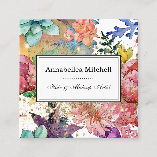 Elegant Makeup Artist Hair Salon Flowers Glitter Square Business Card (Front)