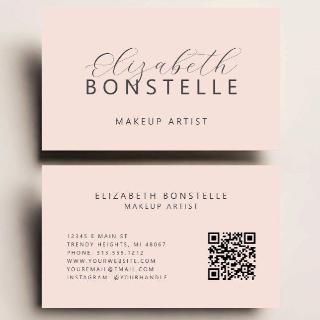 Elegant Makeup Artist QR Code Blush Pink Business Card (Creator Uploaded)