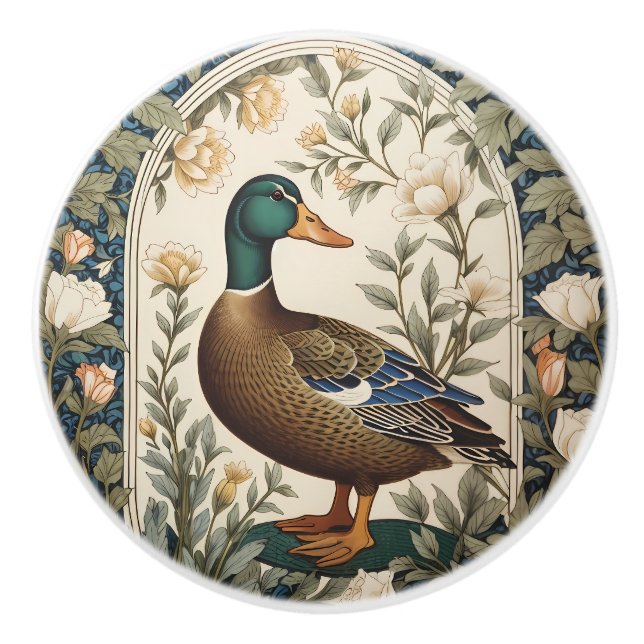 Elegant Mallard Duck William Morris Inspired  Ceramic Knob (Front)