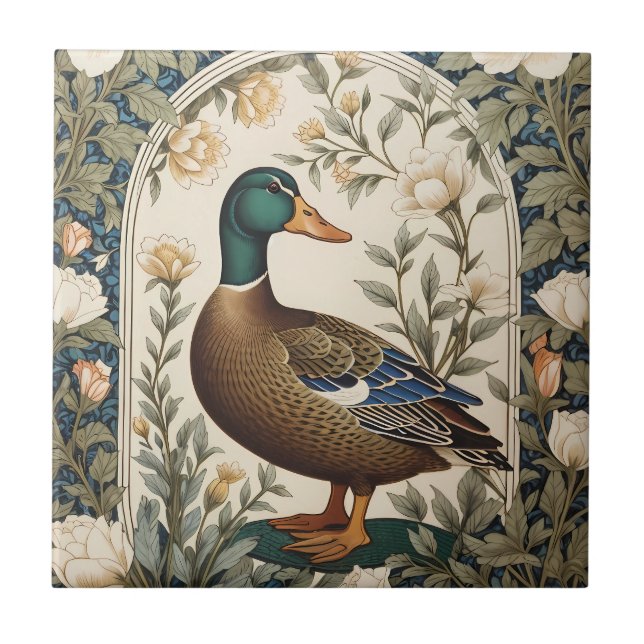 Elegant Mallard Duck William Morris Inspired  Ceramic Tile (Front)
