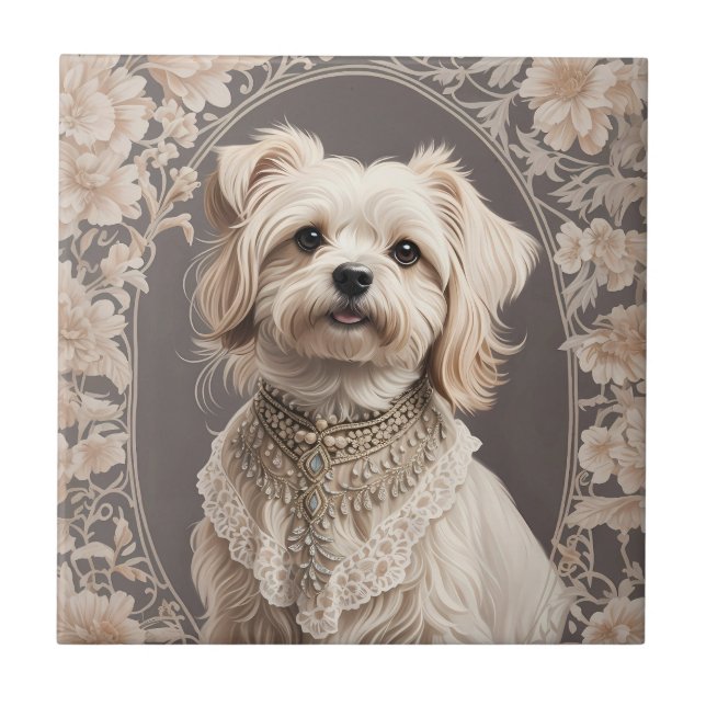Elegant Maltese Dog William Morris Inspired Ceramic Tile (Front)