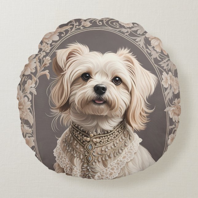 Elegant Maltese Dog William Morris Inspired Round Cushion (Front)