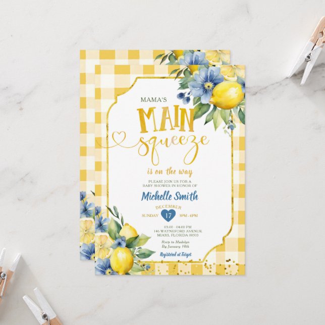 Elegant Mama's Main Squeeze Blue Lemon Baby Shower Invitation (Front/Back In Situ)