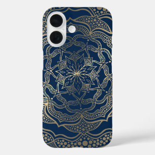Elegant Mandala Art Boho Gold and Navy Blue Luxury iPhone 16 Case