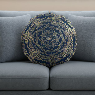 Elegant Mandala Art Boho Luxury Gold and Navy Blue Round Cushion