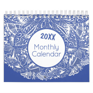 Elegant Mandala Art Colourful Blue White Monthly Calendar