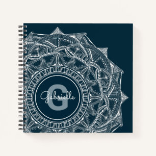 Elegant Mandala Art Monogram Initial Name Blue Notebook