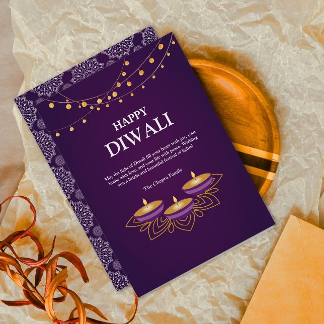Elegant Mandala  diyas custom Purple Diwali  Holiday Card (Creator Uploaded)