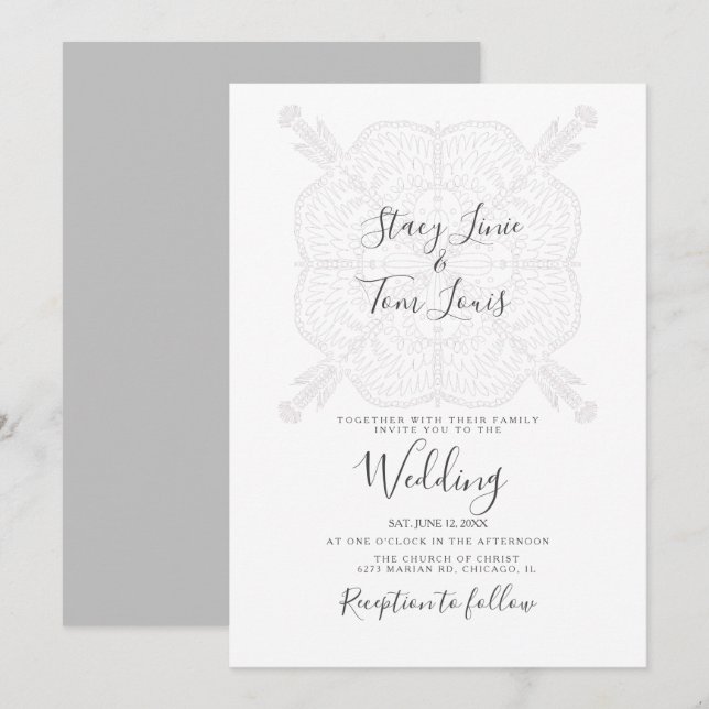 Elegant Mandala Grey White Hand Drawn  Invitation (Front/Back)