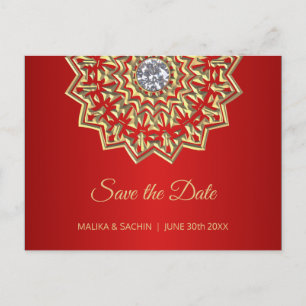 Elegant Mandala Indian RED Wedding SAVE THE DATE Announcement Postcard