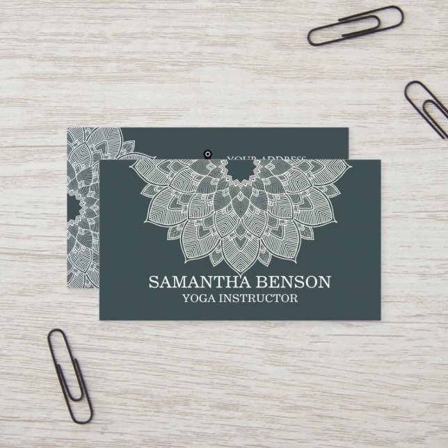 Elegant Mandala Lotus Logo Yoga Instructor Business Card (Front/Back In Situ)