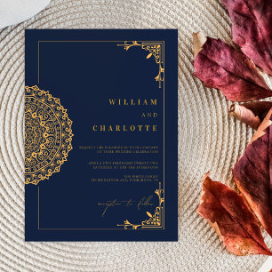 Elegant Mandala Navy and Gold Wedding Invitation