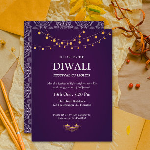 Elegant Mandala Pattern Diyas Purple Diwali Party Invitation