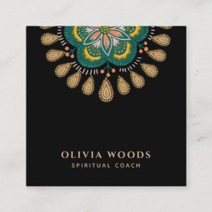 Elegant Mandala Spiritual Coach Green Black Square Business Card