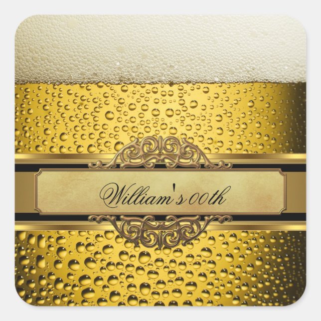 Elegant Mans Beer Black Gold Birthday Party Mens Square Sticker (Front)