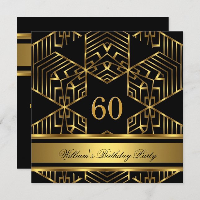 Elegant Mans Black Gold Stripe Birthday Party Mens Invitation (Front/Back)