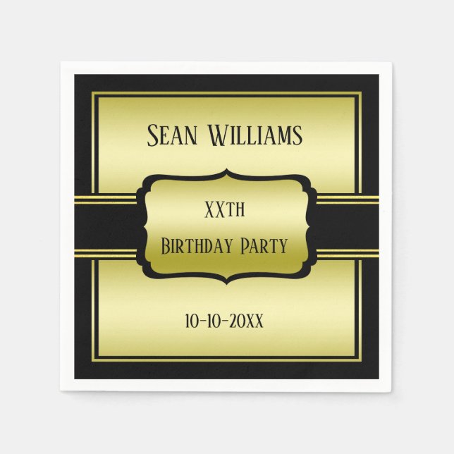Elegant Man's Gold & Black Birthday Napkin (Front)