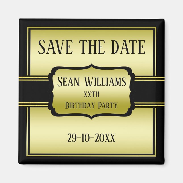 Elegant Man's Gold & Black Birthday Save The Date Magnet (Front)