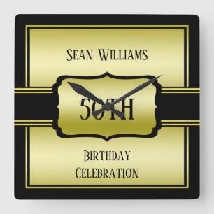 Elegant Man's Gold & Black Birthday Square Wall Clock