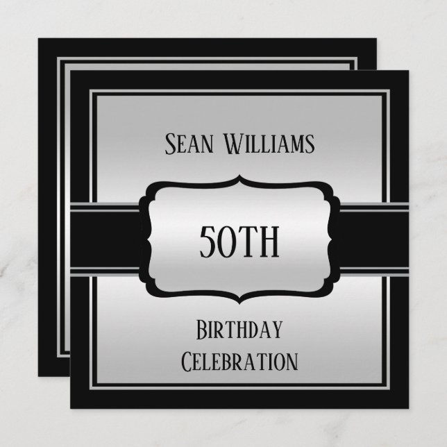 Elegant Man's Silver & Black 50th Birthday Invitation (Front/Back)