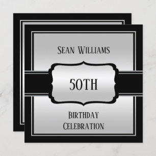 Elegant Man's Silver & Black 50th Birthday Invitation