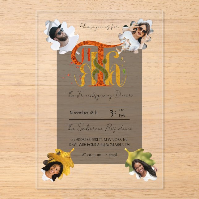 Elegant Manuscript Thanks Autumn Foliage Photos  Acrylic Invitations (Front)