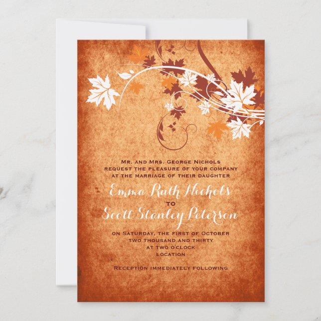 Elegant maple leaves orange fall wedding invitation (Front)