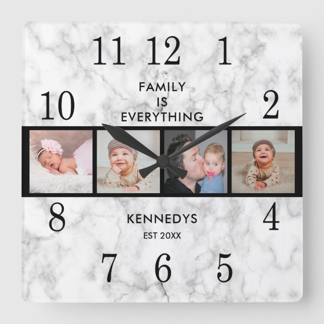 Elegant  Marble  4 Photo Collage Family Quote Square Wall Clock (Front)