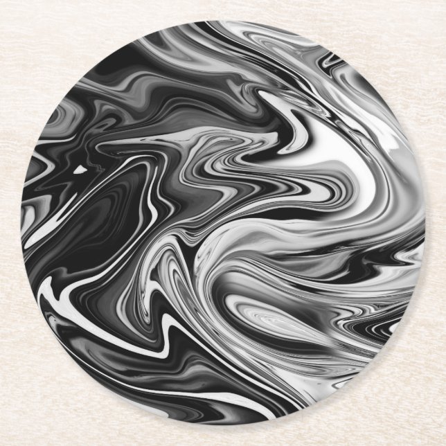 Elegant Marble 7 - Liquid Black and White Round Paper Coaster (Front)