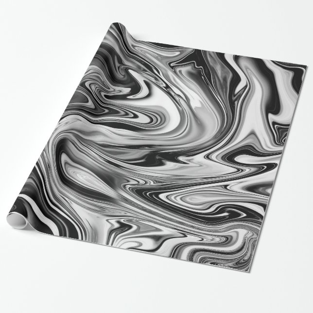Elegant Marble 7 - Liquid Black and White Wrapping Paper (Unrolled)