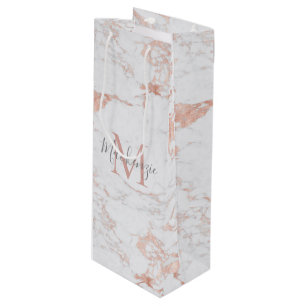 Elegant Marble and Rose Gold Foil Wine Gift Bag