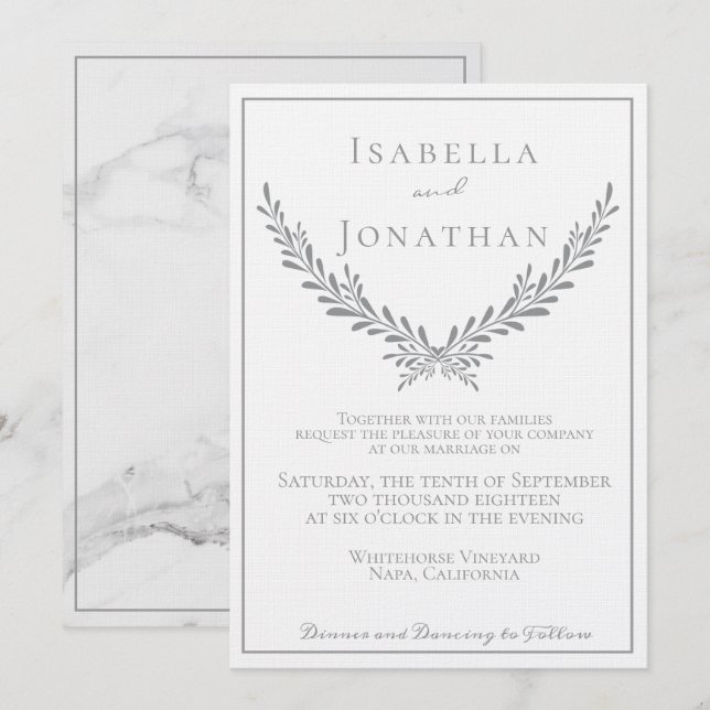 Elegant Marble and Wreath Wedding Invitation (Front/Back)