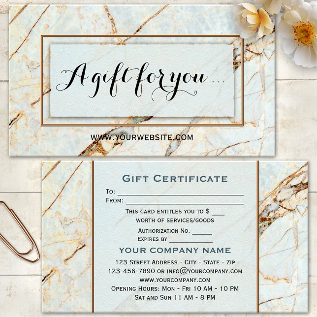 Elegant Marble Beauty Gift Certificate Template (Gift certificate template business card featuring an elegant gold marble design - beauty - spa)
