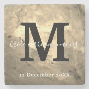 Elegant Marble Black and White Monogram Wedding Stone Coaster